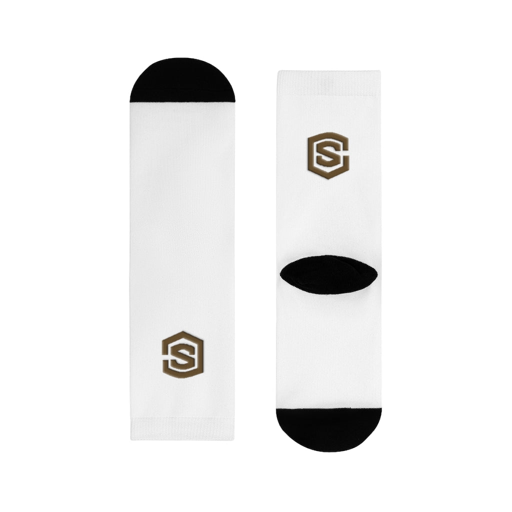White Sublimation Crew Socks (EU) Brown Logo