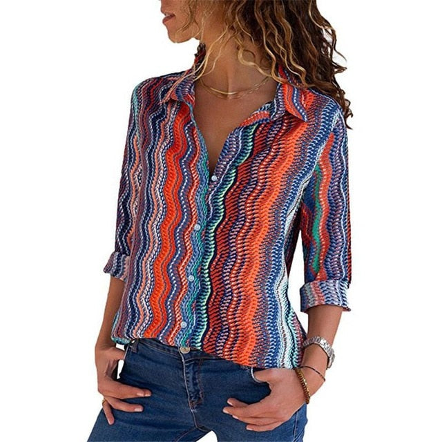 Women Turn-down Collar Chiffon Blouse