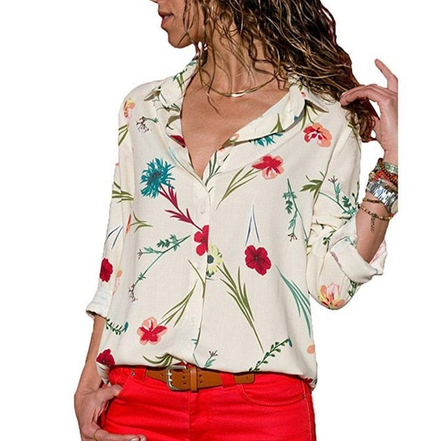 Women Turn-down Collar Chiffon Blouse