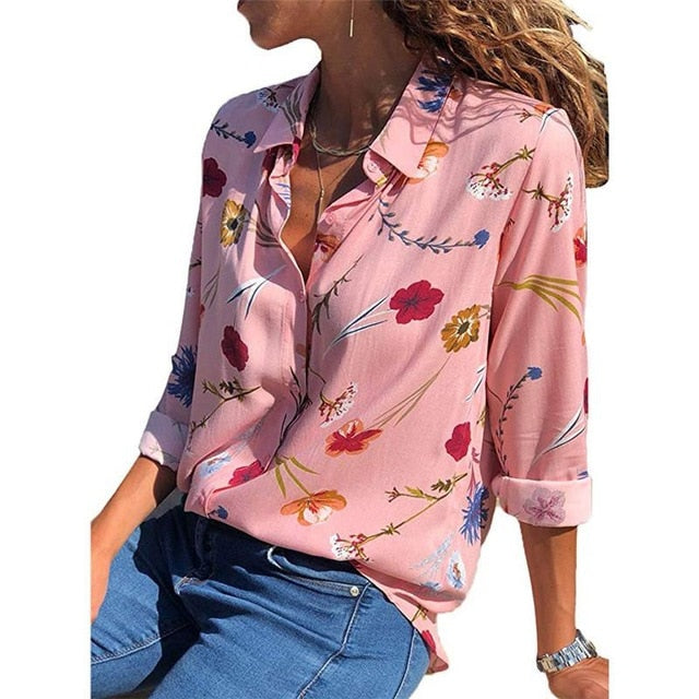 Women Turn-down Collar Chiffon Blouse