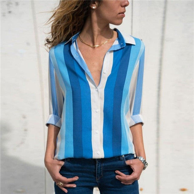 Women Turn-down Collar Chiffon Blouse