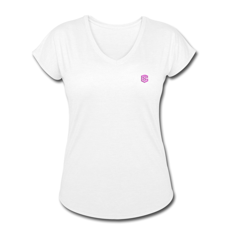 Women's Tri-Blend V-Neck T-Shirt WITH PINK  LOGO - white