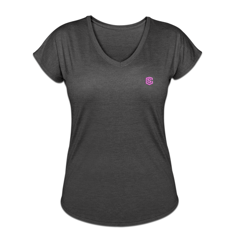 Women's Tri-Blend V-Neck T-Shirt WITH PINK  LOGO - deep heather