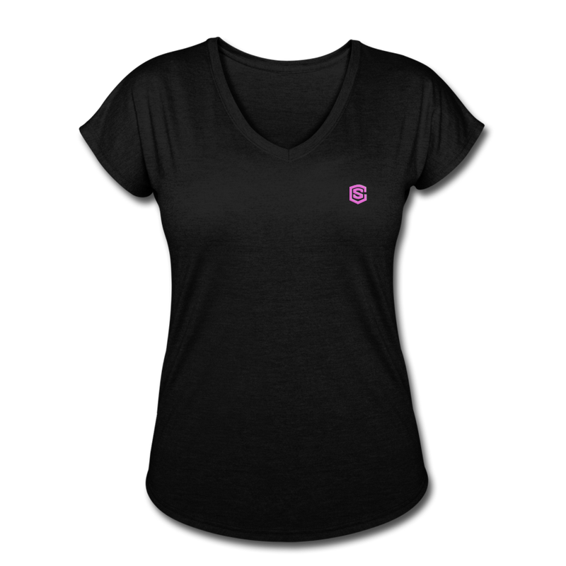 Women's Tri-Blend V-Neck T-Shirt WITH PINK  LOGO - black