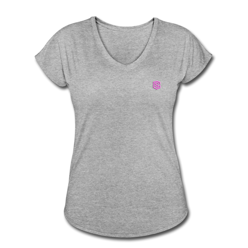 Women's Tri-Blend V-Neck T-Shirt WITH PINK  LOGO - heather gray