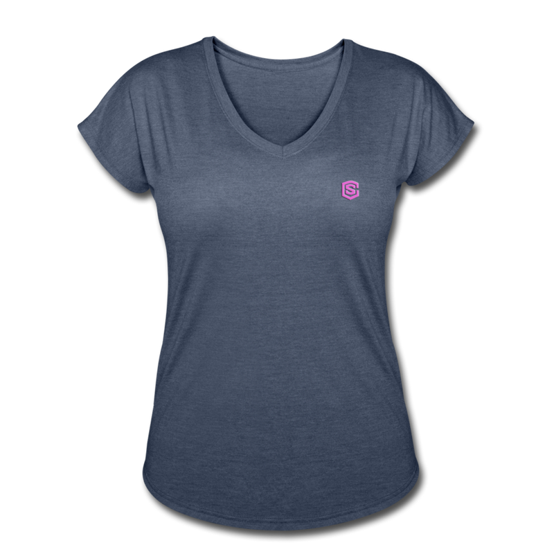 Women's Tri-Blend V-Neck T-Shirt WITH PINK  LOGO - navy heather