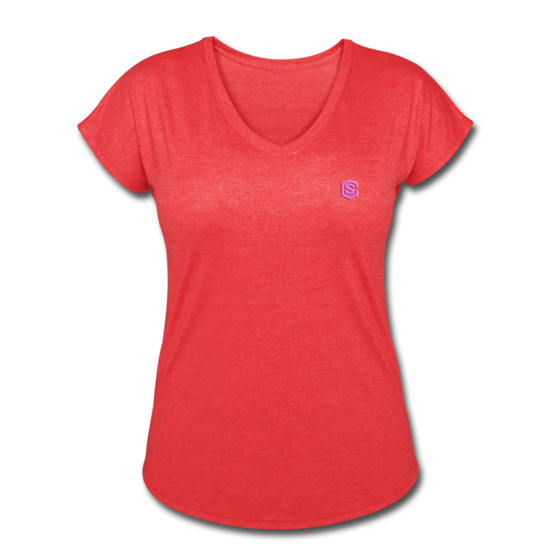 Women's Tri-Blend V-Neck T-Shirt WITH PINK  LOGO - heather red