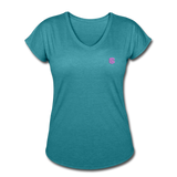 Women's Tri-Blend V-Neck T-Shirt WITH PINK  LOGO - heather turquoise