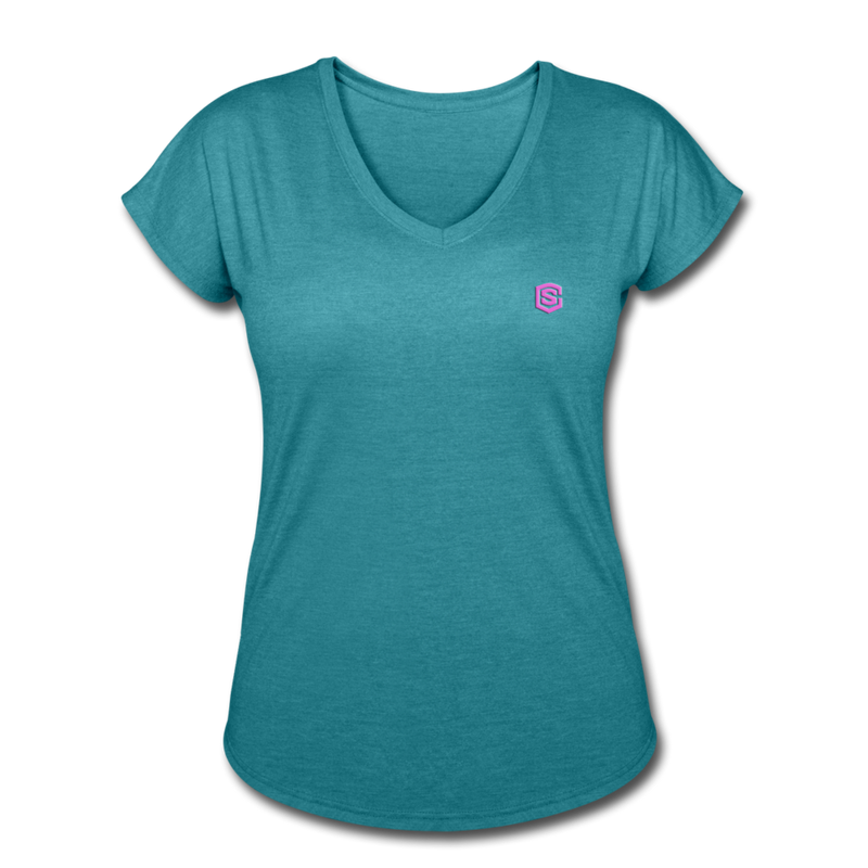 Women's Tri-Blend V-Neck T-Shirt WITH PINK  LOGO - heather turquoise