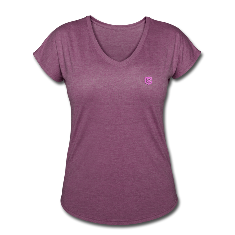 Women's Tri-Blend V-Neck T-Shirt WITH PINK  LOGO - heather plum