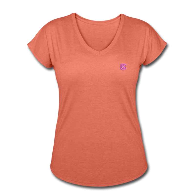 Women's Tri-Blend V-Neck T-Shirt WITH PINK  LOGO - heather bronze