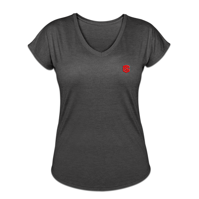 Women's Tri-Blend V-Neck T-Shirt  WITH  RED  LOGO - deep heather