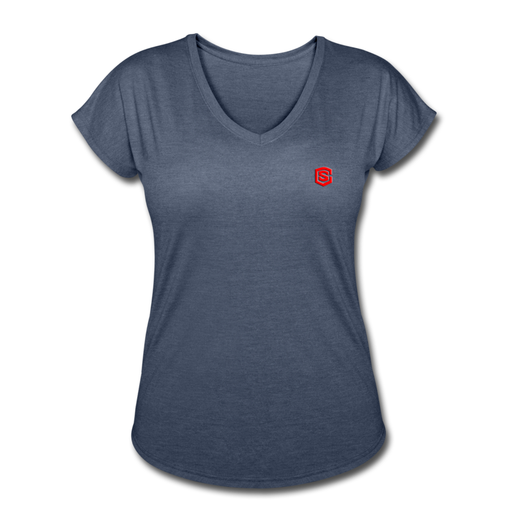 Women's Tri-Blend V-Neck T-Shirt  WITH  RED  LOGO - navy heather