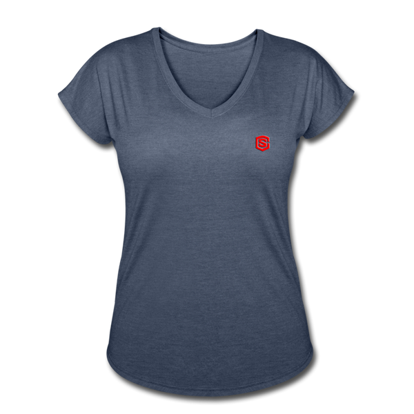 Women's Tri-Blend V-Neck T-Shirt  WITH  RED  LOGO - navy heather