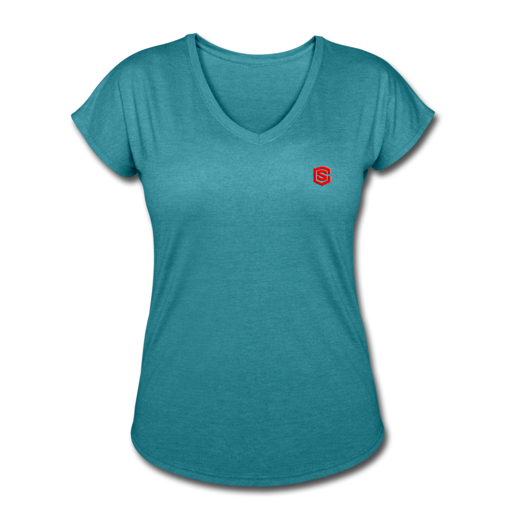 Women's Tri-Blend V-Neck T-Shirt  WITH  RED  LOGO - heather turquoise