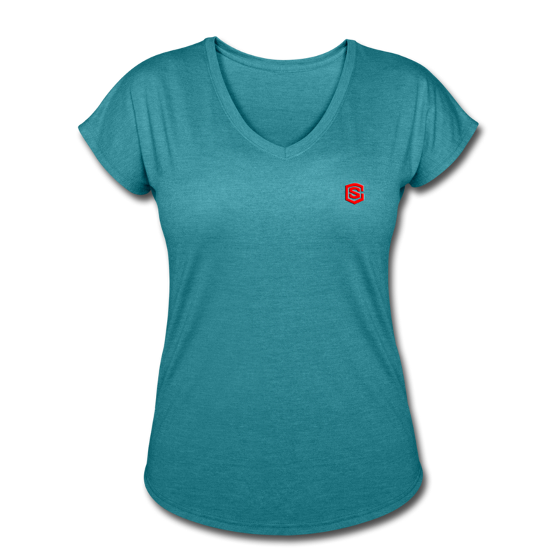 Women's Tri-Blend V-Neck T-Shirt  WITH  RED  LOGO - heather turquoise