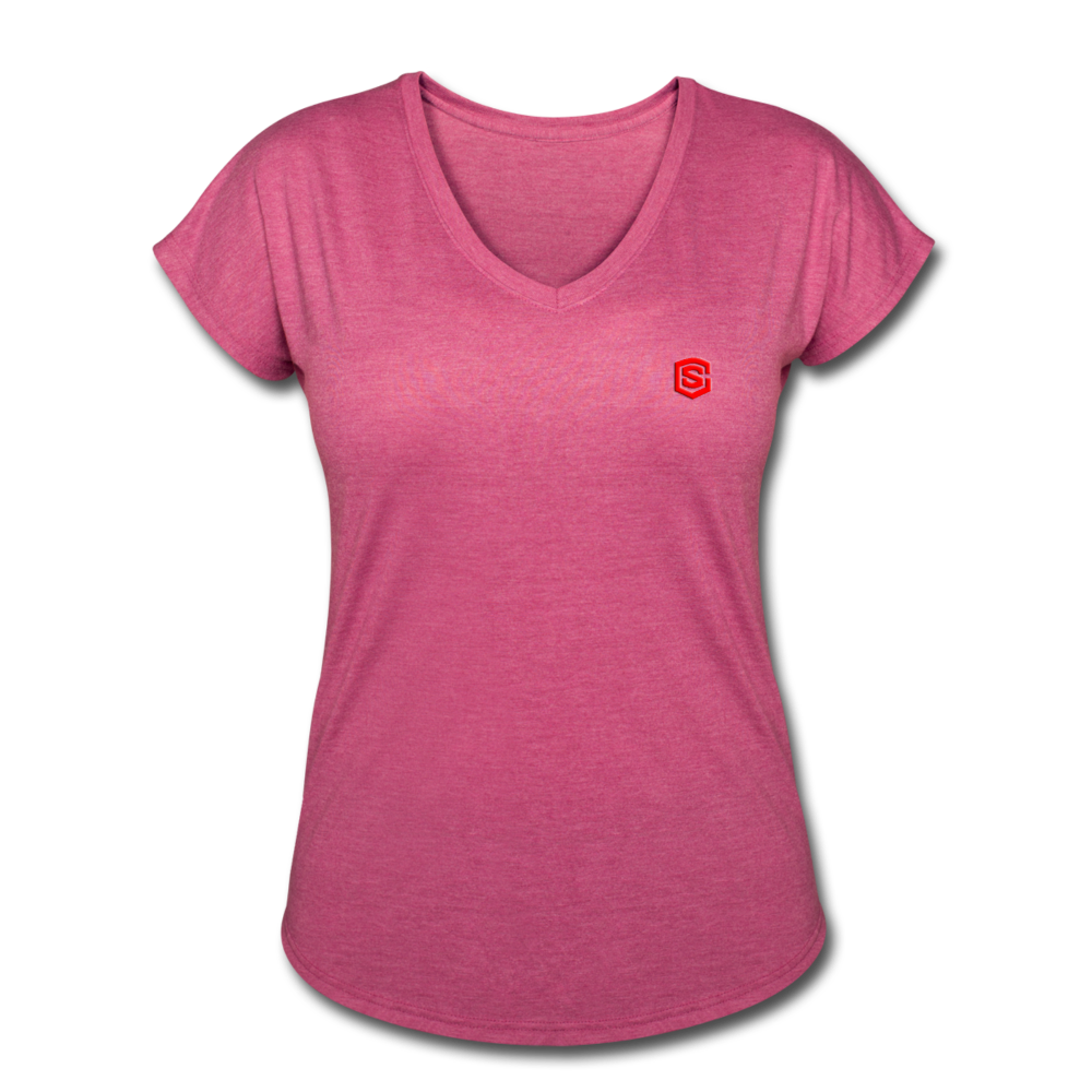 Women's Tri-Blend V-Neck T-Shirt  WITH  RED  LOGO - heather raspberry
