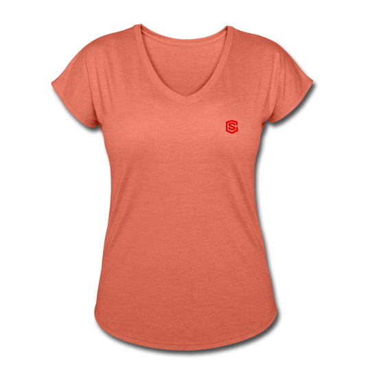 Women's Tri-Blend V-Neck T-Shirt  WITH  RED  LOGO - heather bronze