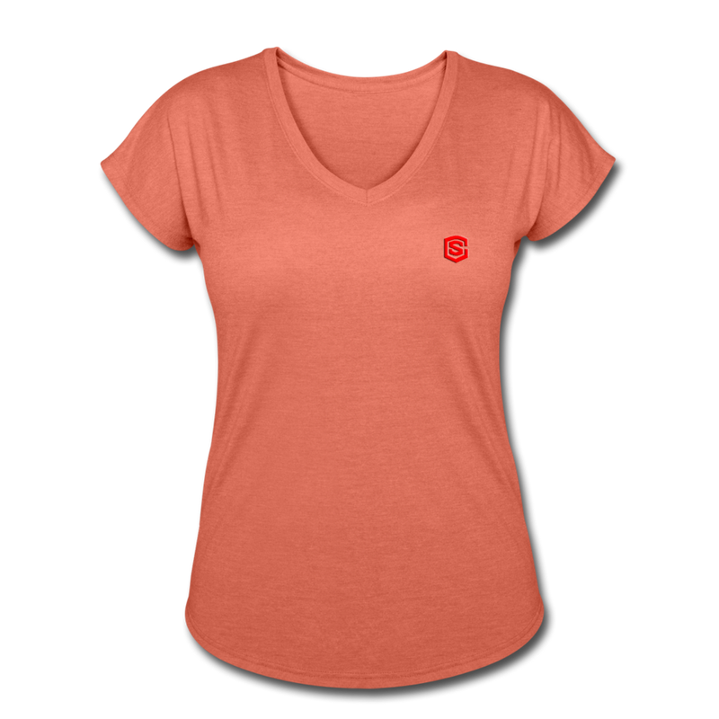 Women's Tri-Blend V-Neck T-Shirt  WITH  RED  LOGO - heather bronze