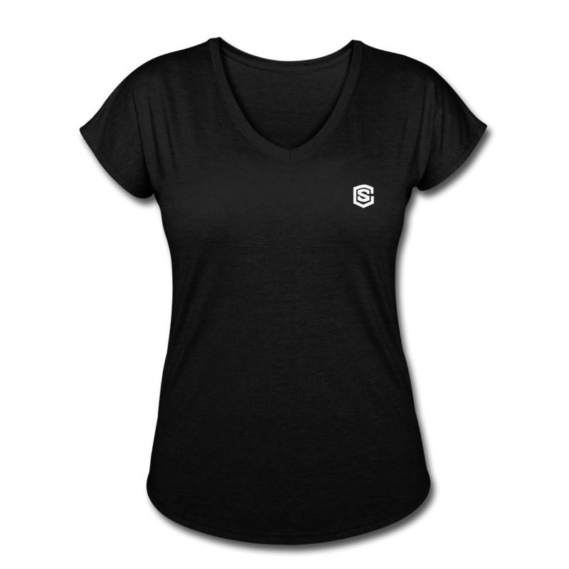 Women's Tri-Blend V-Neck T-Shirt  WITH WHITE  LOGO - black