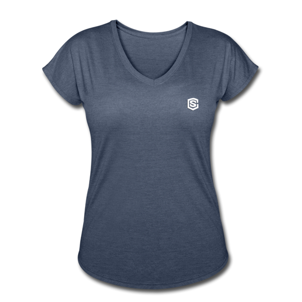 Women's Tri-Blend V-Neck T-Shirt  WITH WHITE  LOGO - navy heather