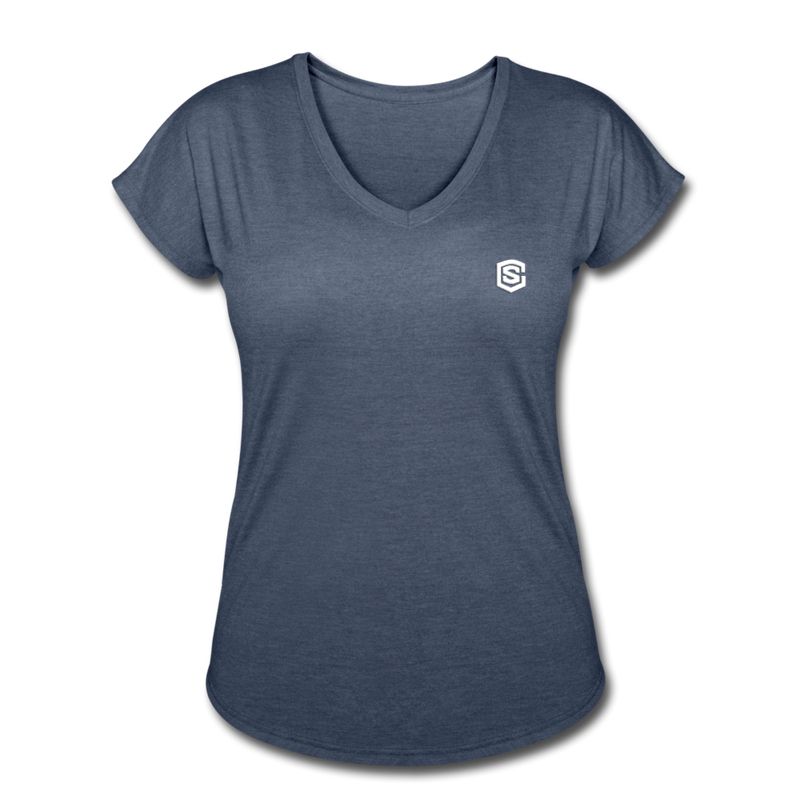 Women's Tri-Blend V-Neck T-Shirt  WITH WHITE  LOGO - navy heather