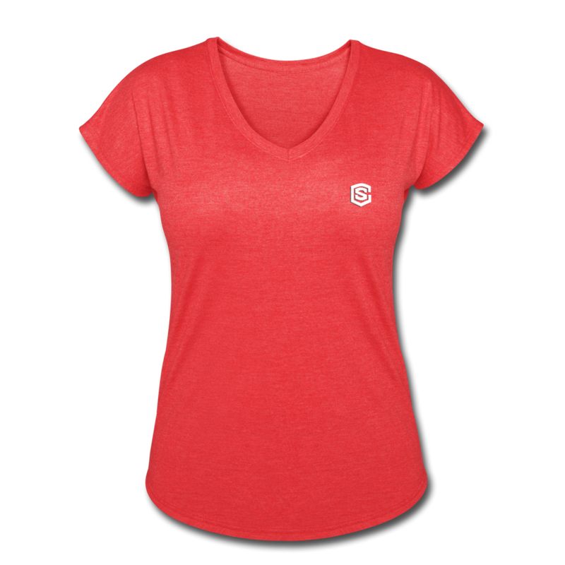 Women's Tri-Blend V-Neck T-Shirt  WITH WHITE  LOGO - heather red