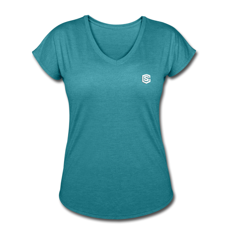 Women's Tri-Blend V-Neck T-Shirt  WITH WHITE  LOGO - heather turquoise