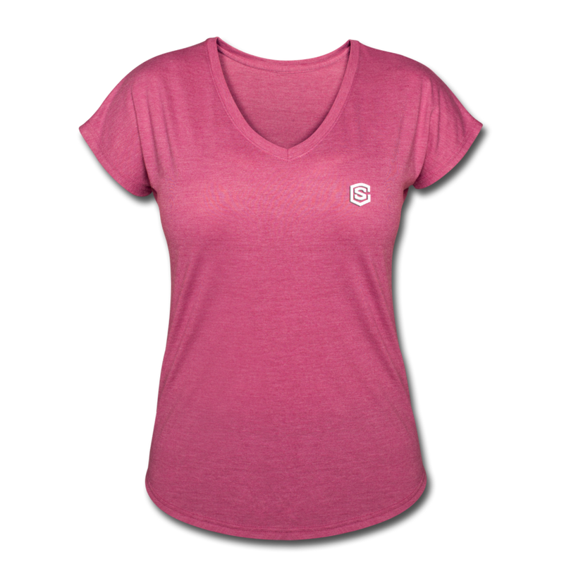 Women's Tri-Blend V-Neck T-Shirt  WITH WHITE  LOGO - heather raspberry