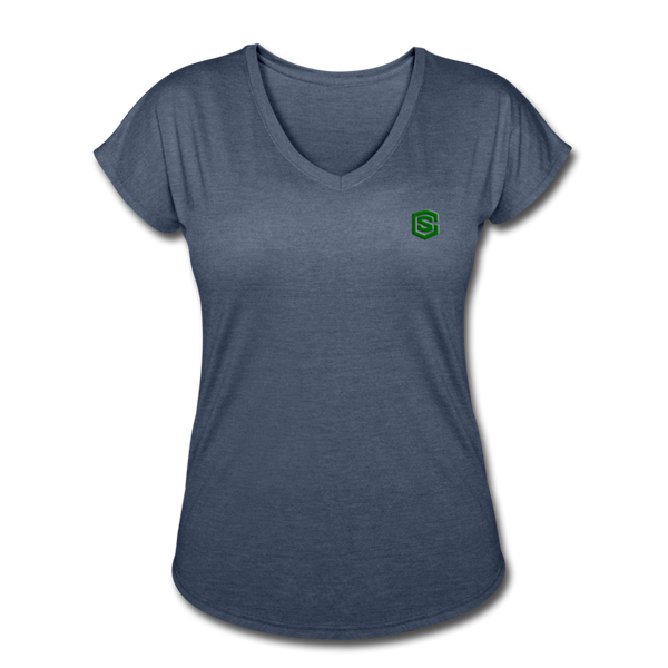 Women's Tri-Blend V-Neck T-Shirt  WITH GREEN  LOGO - navy heather