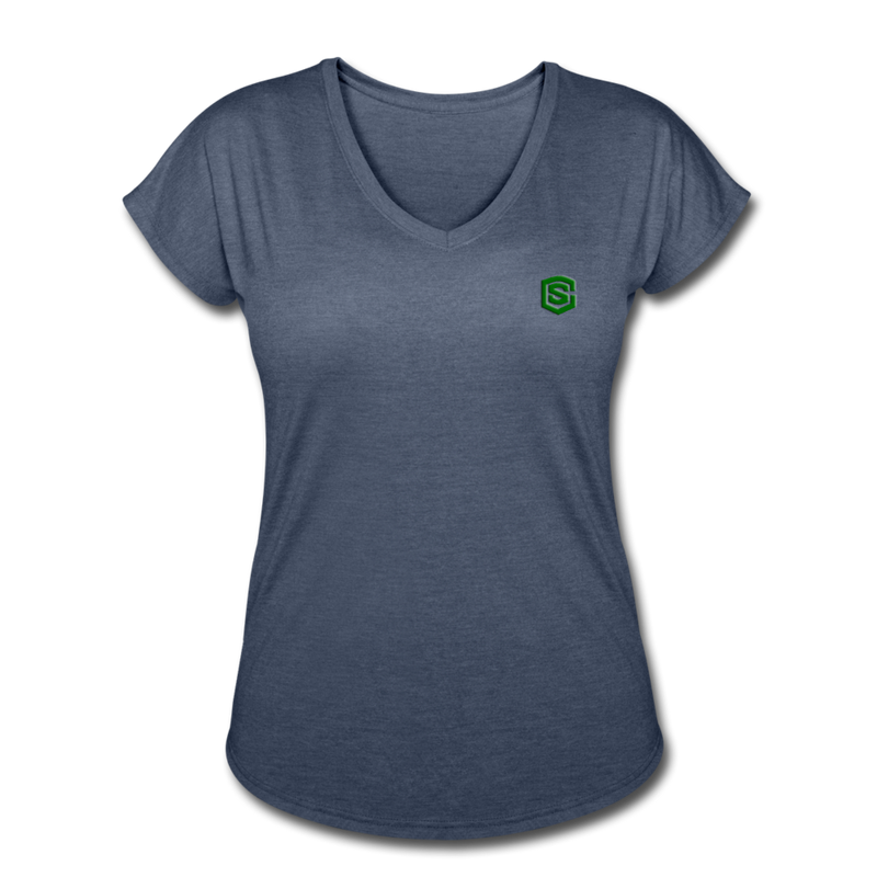 Women's Tri-Blend V-Neck T-Shirt  WITH GREEN  LOGO - navy heather