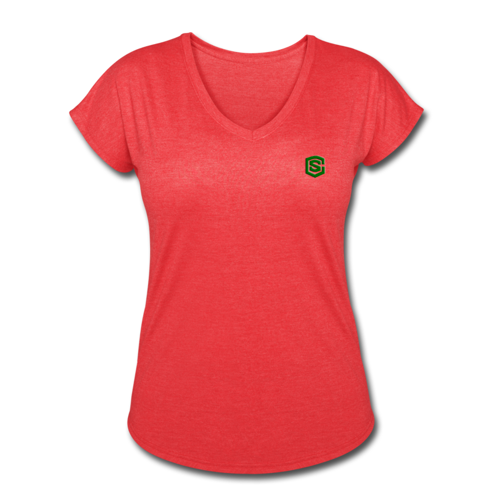 Women's Tri-Blend V-Neck T-Shirt  WITH GREEN  LOGO - heather red