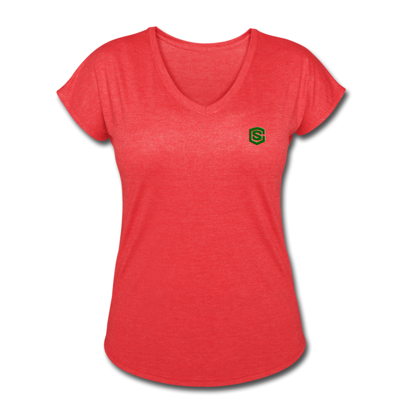 Women's Tri-Blend V-Neck T-Shirt  WITH GREEN  LOGO - heather red