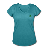 Women's Tri-Blend V-Neck T-Shirt  WITH GREEN  LOGO - heather turquoise