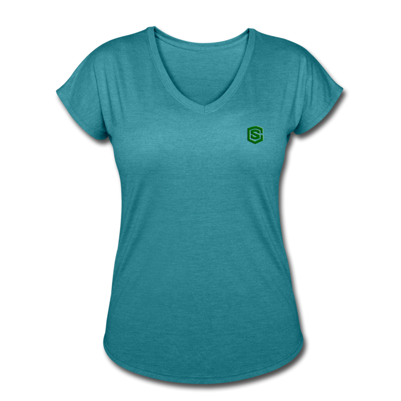 Women's Tri-Blend V-Neck T-Shirt  WITH GREEN  LOGO - heather turquoise