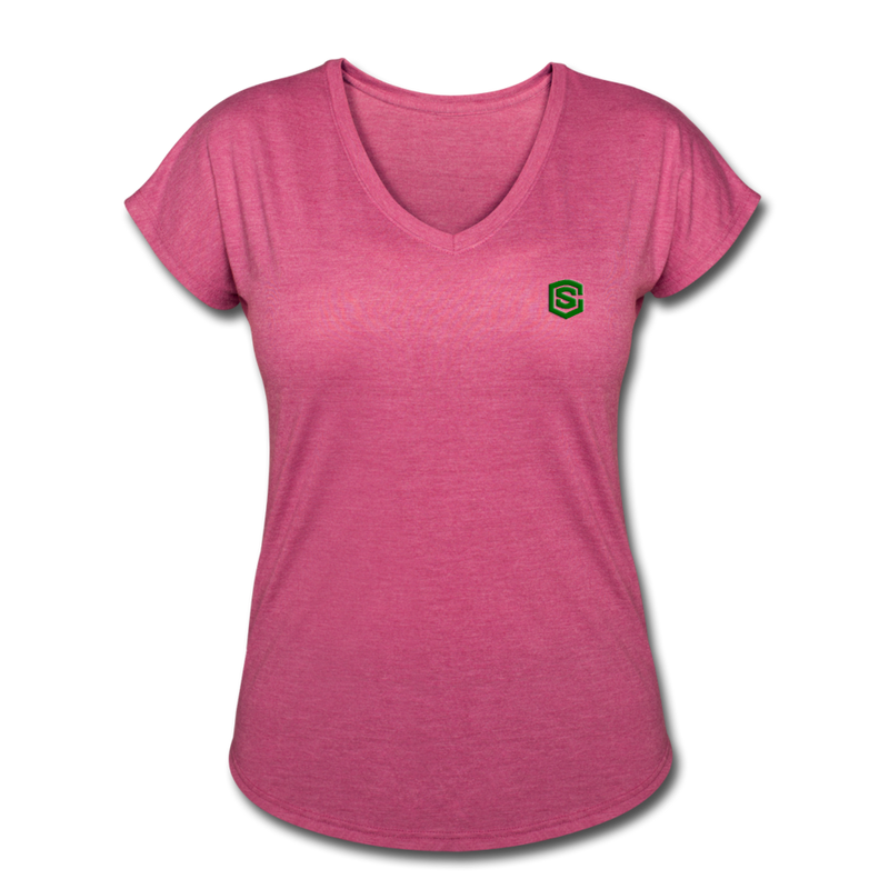 Women's Tri-Blend V-Neck T-Shirt  WITH GREEN  LOGO - heather raspberry