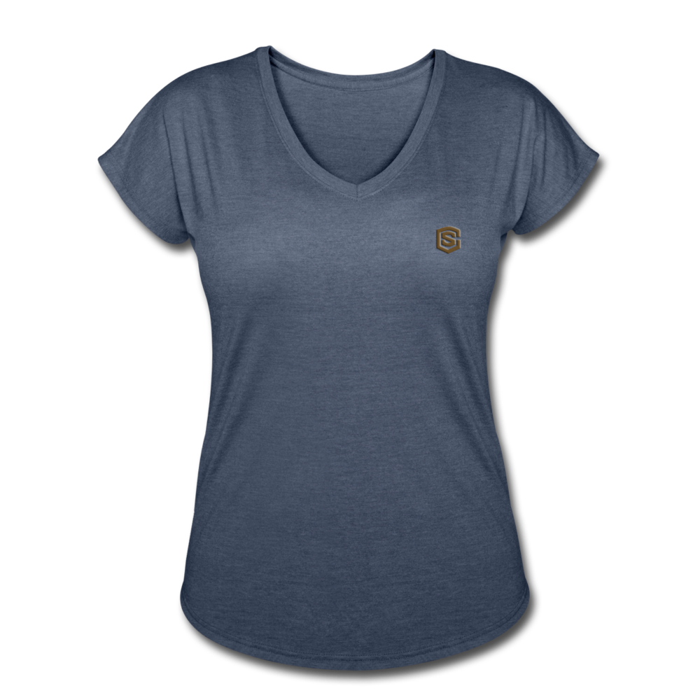 Women's Tri-Blend V-Neck T-Shirt  WITH BROWN  LOGO - navy heather