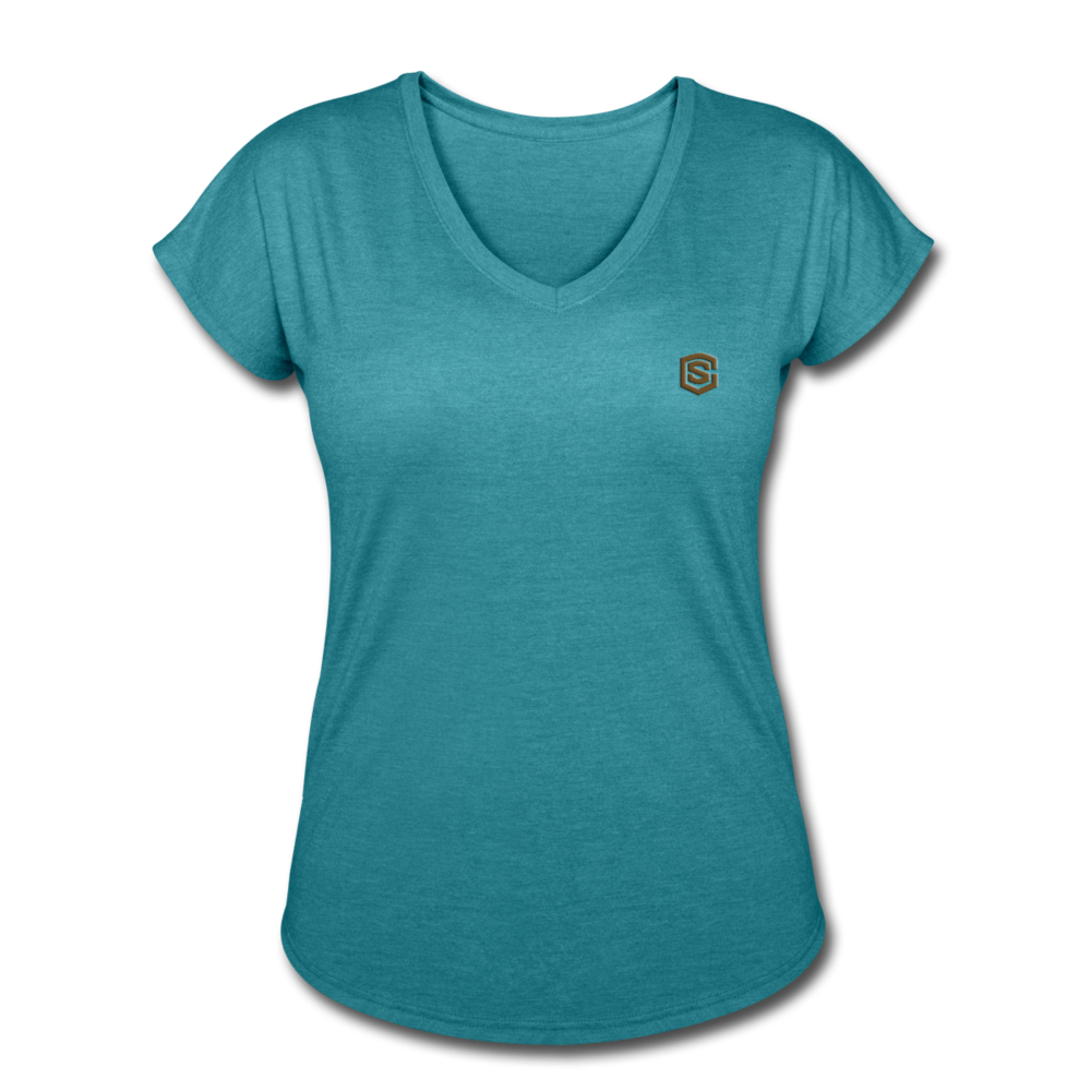 Women's Tri-Blend V-Neck T-Shirt  WITH BROWN  LOGO - heather turquoise