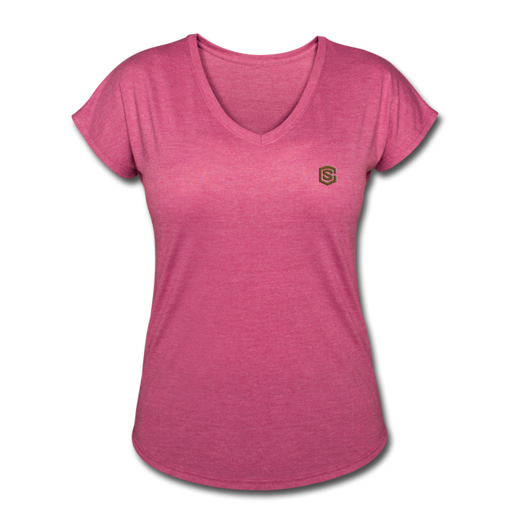 Women's Tri-Blend V-Neck T-Shirt  WITH BROWN  LOGO - heather raspberry