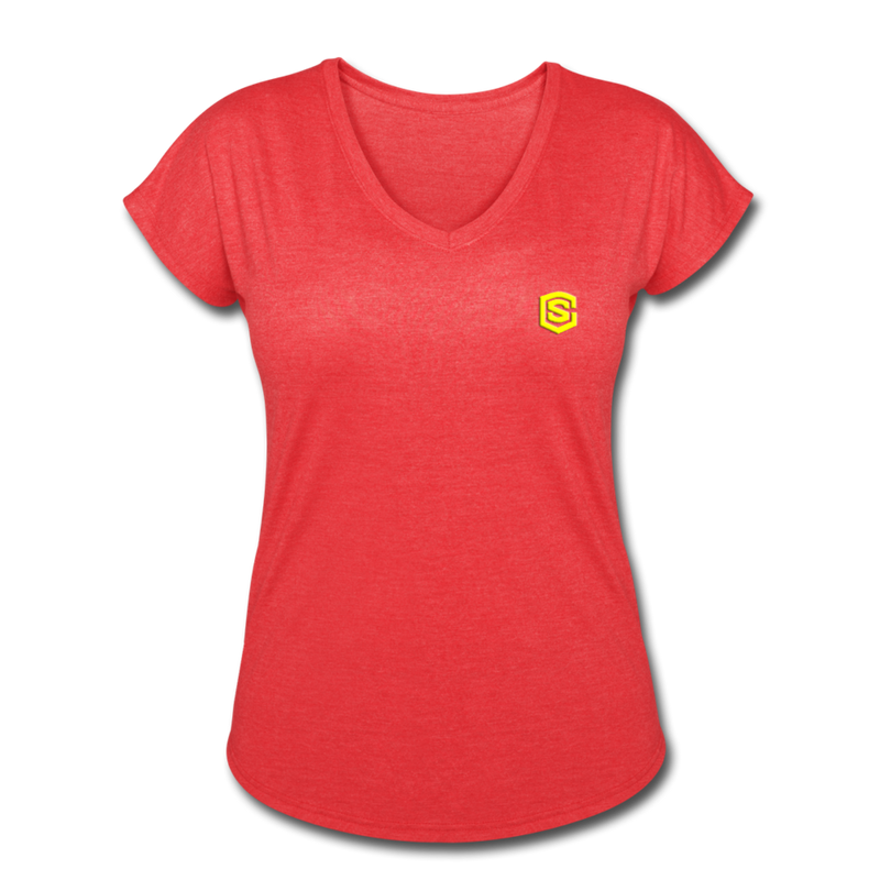 Women's Tri-Blend V-Neck T-Shirt  WITH YELLOW  LOGO - heather red