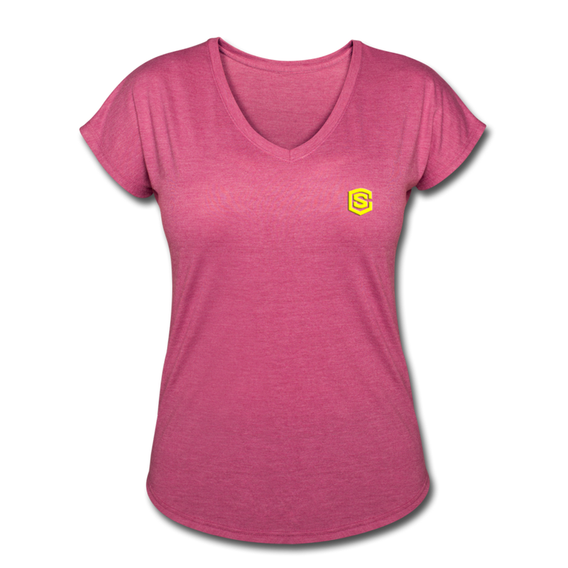 Women's Tri-Blend V-Neck T-Shirt  WITH YELLOW  LOGO - heather raspberry