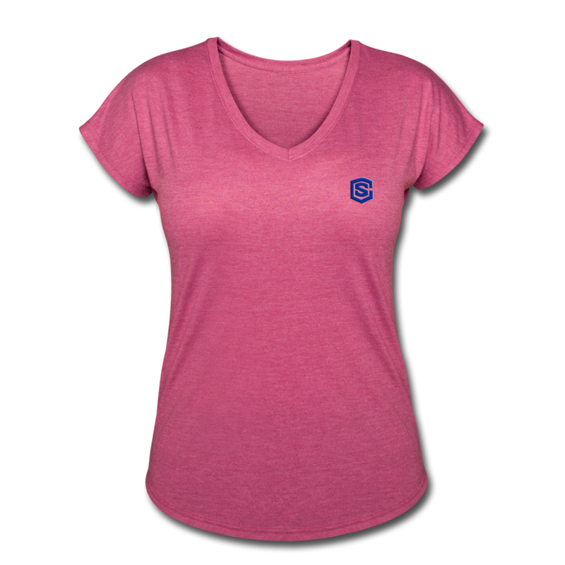 Women's Tri-Blend V-Neck T-Shirt  WITH BLUE  LOGO - heather raspberry