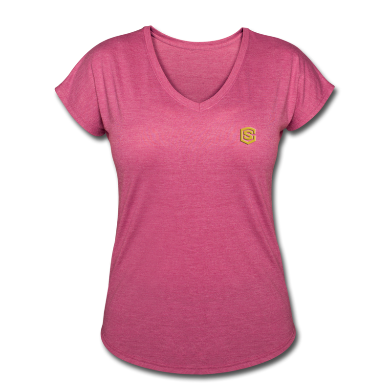 Women's Tri-Blend V-Neck T-Shirt  WITH GOLD  LOGO - heather raspberry