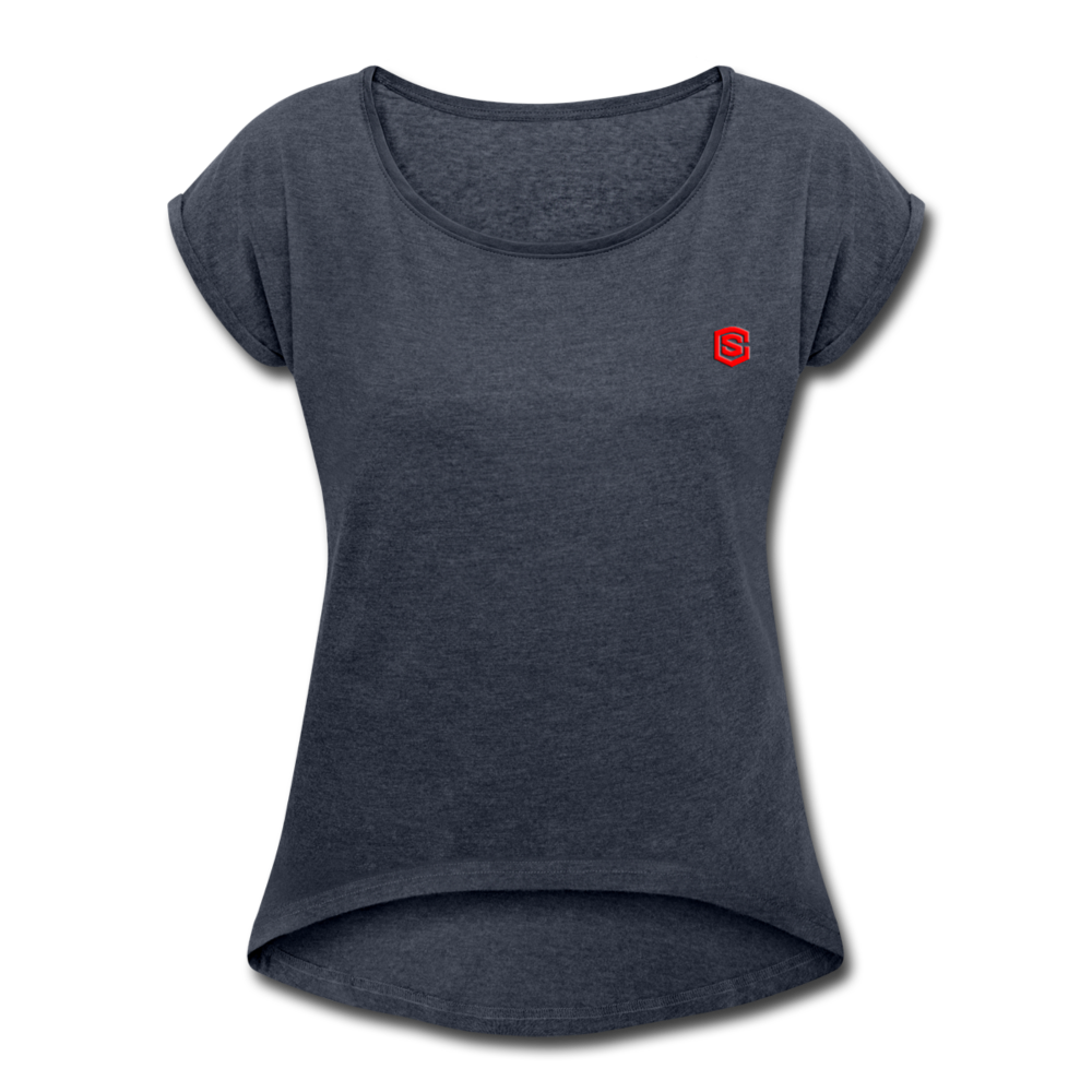 Women's Roll Cuff T-Shirt  WITH RED LOGO - navy heather