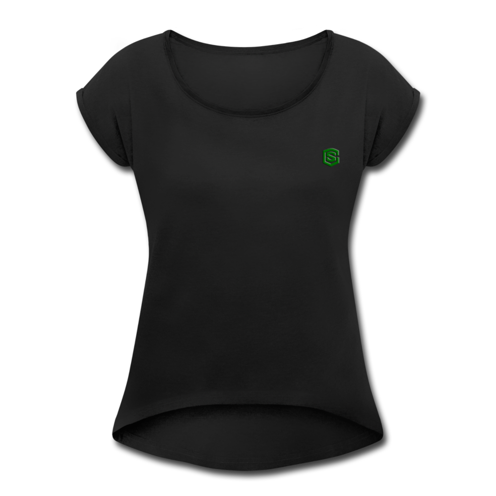 Women's Roll Cuff T-Shirt  WITH GREEN  LOGO - black