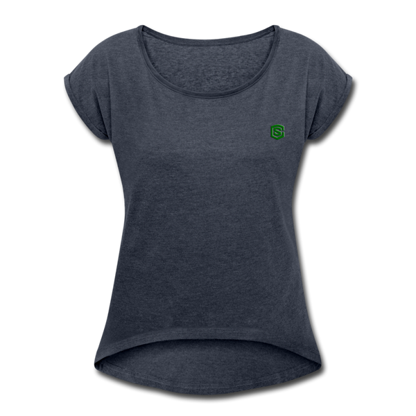 Women's Roll Cuff T-Shirt  WITH GREEN  LOGO - navy heather