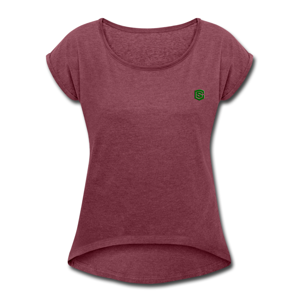 Women's Roll Cuff T-Shirt  WITH GREEN  LOGO - heather burgundy