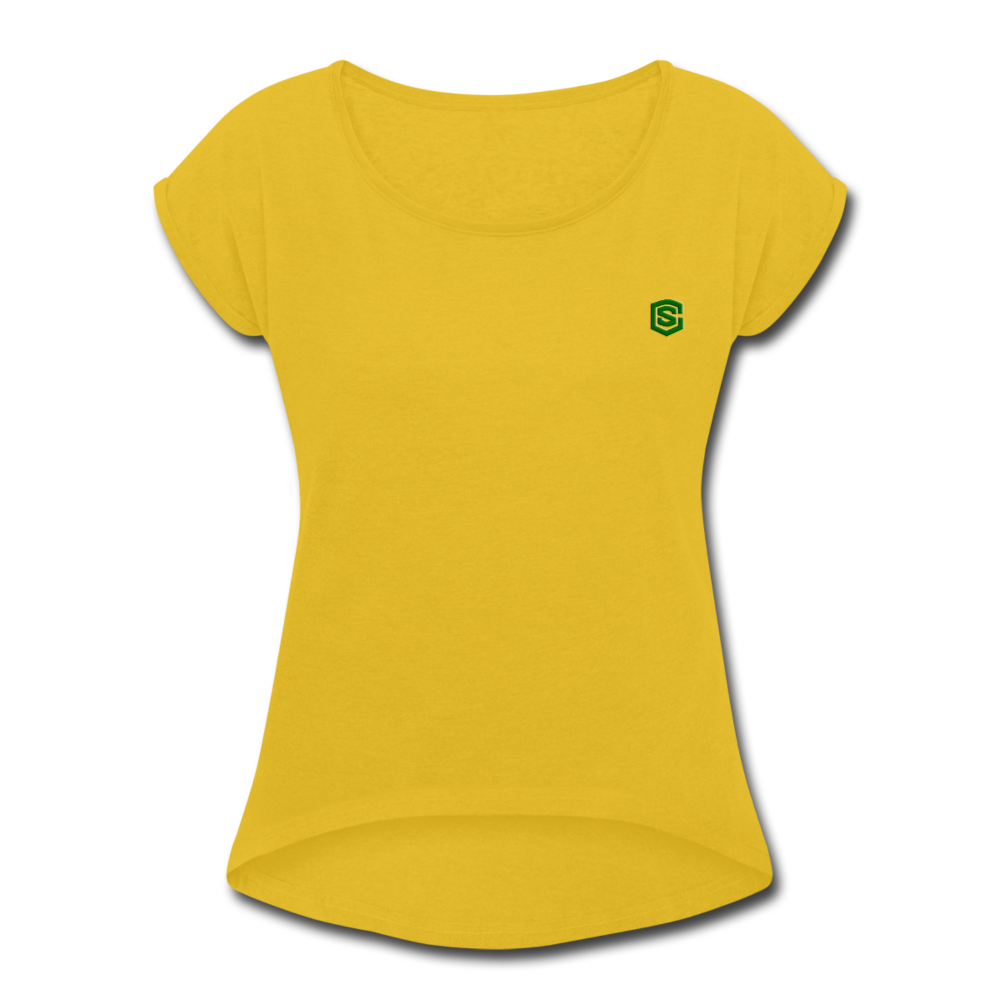 Women's Roll Cuff T-Shirt  WITH GREEN  LOGO - mustard yellow