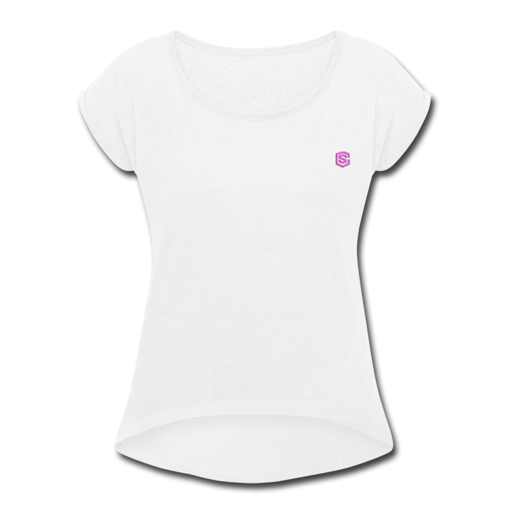 Women's Roll Cuff T-Shirt    WITH PINK LOGO - white