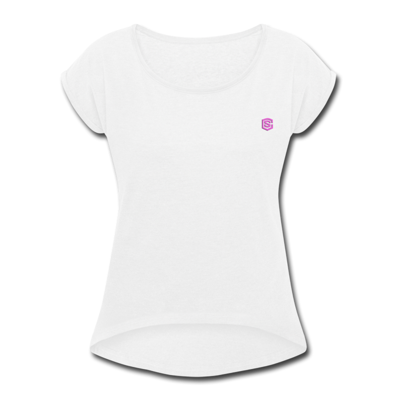 Women's Roll Cuff T-Shirt    WITH PINK LOGO - white